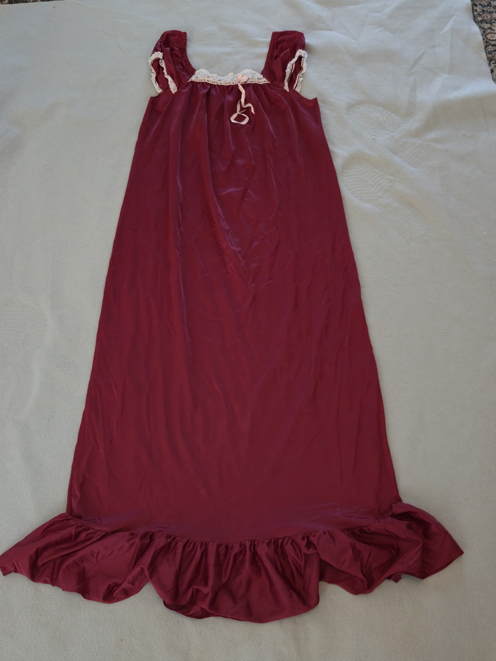 70s Sears JR Bazaar Burgundy Nylon Maxi Nightgown Lace Trim 9 Small
